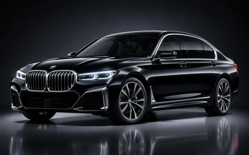 Black BMW 7 Series luxury executive sedan with premium alloy wheels and signature kidney grille displayed in a dark studio setting.