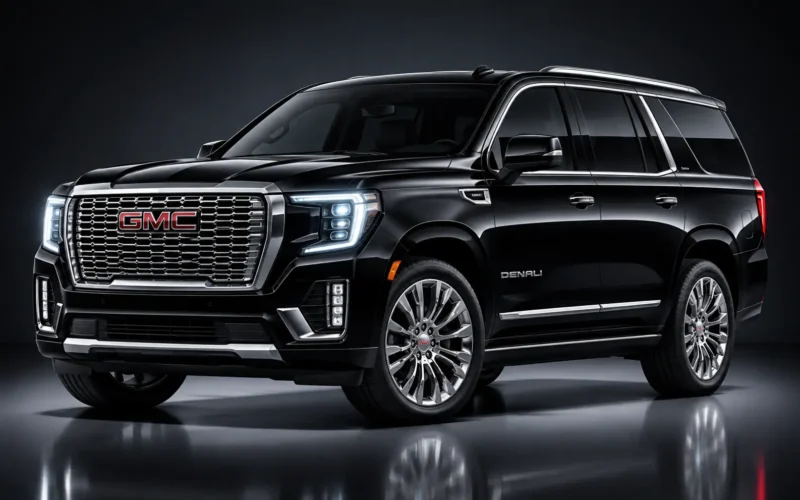 Black GMC Yukon Denali luxury SUV featuring a bold chrome grille, LED headlights, tinted windows, and premium alloy wheels.