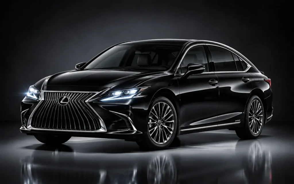 Black Lexus ES 300h hybrid luxury sedan with LED headlights and elegant exterior styling, ideal for executive chauffeur services in Dubai.