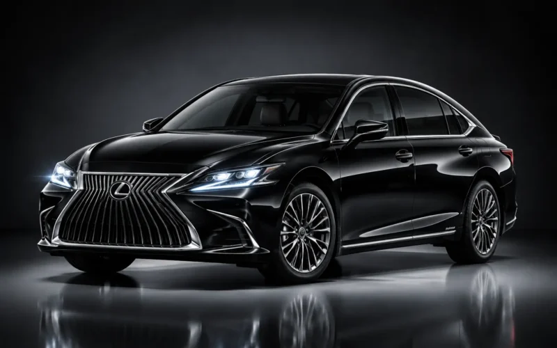 Black Lexus ES 300h hybrid luxury sedan with LED headlights and elegant exterior styling, ideal for executive chauffeur services in Dubai.
