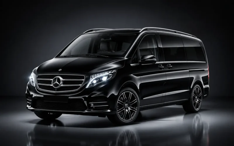Black Mercedes-Benz V-Class VIP luxury van with premium styling for chauffeur-driven airport transfers and group travel in Dubai.