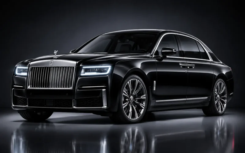 Black Rolls-Royce Ghost luxury sedan featuring the Spirit of Ecstasy hood ornament, iconic chrome grille, and elegant premium design.