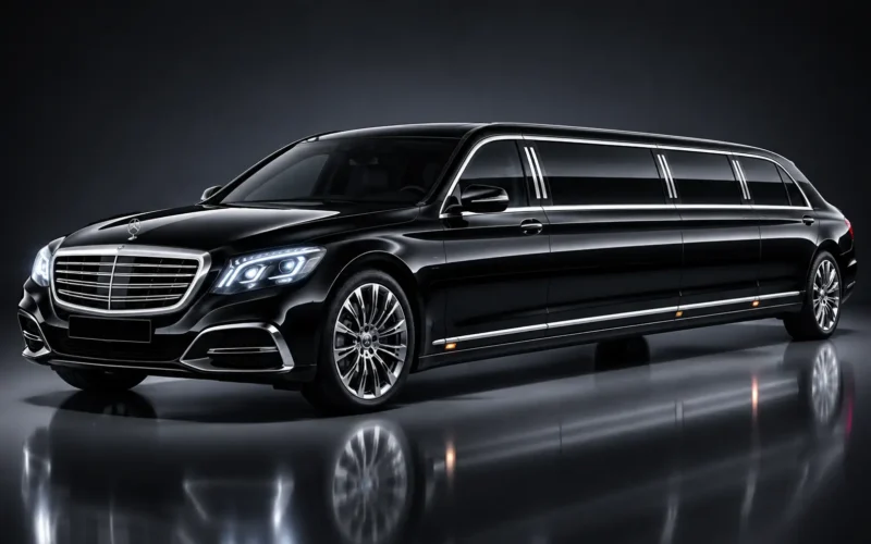 Black luxury stretch sedan limousine with extended passenger cabin, tinted windows, chrome detailing, and elegant studio lighting.